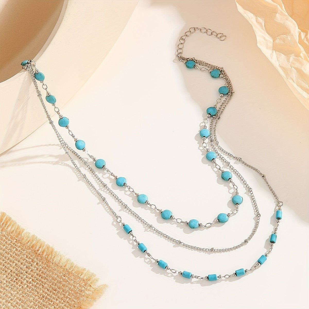 Turquoise Round & Cylinder Bead Layered Necklace