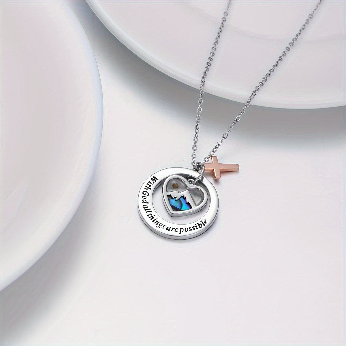 Inlaid Heart Cross Disc Necklace