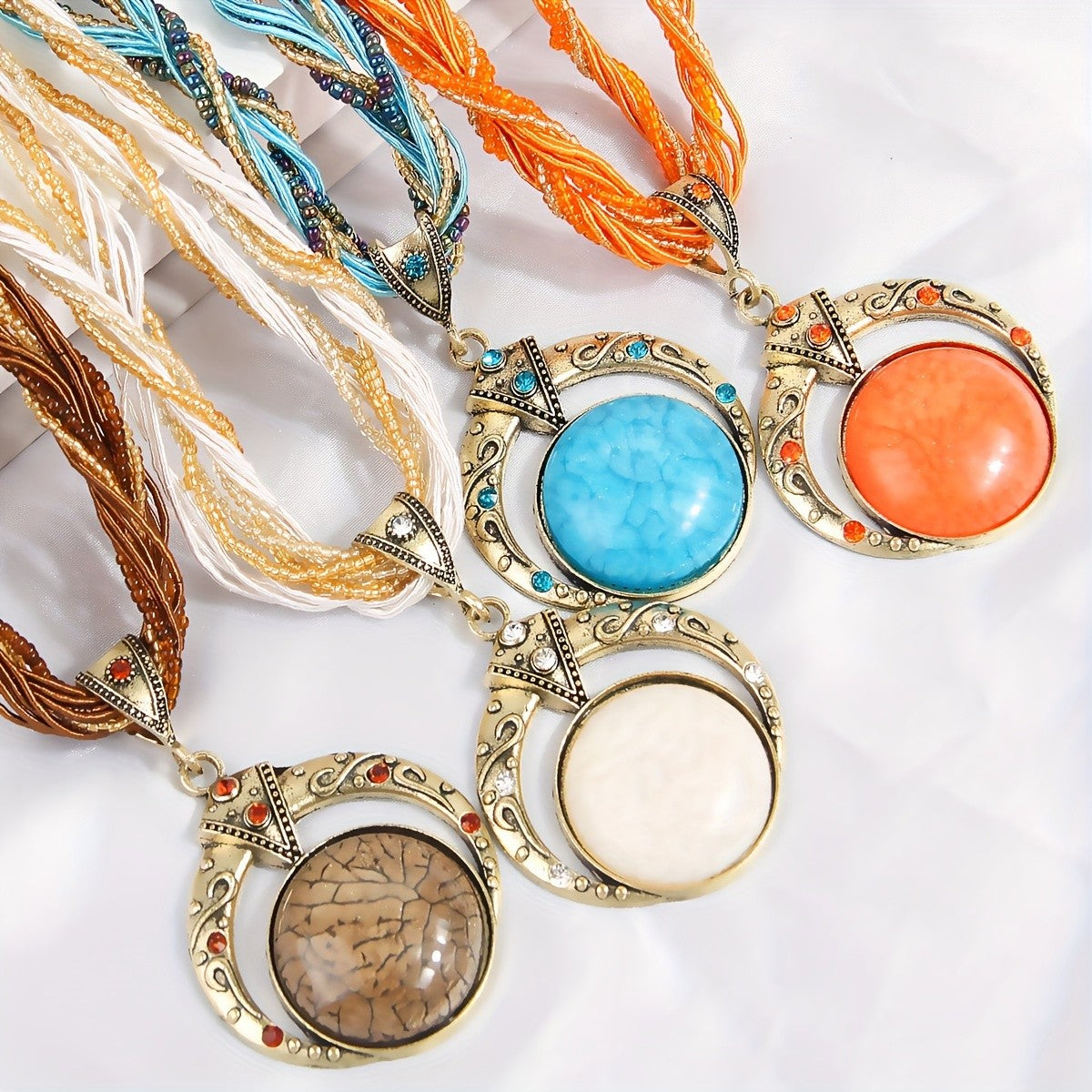 Woven Bead Crescent Pendant Necklace