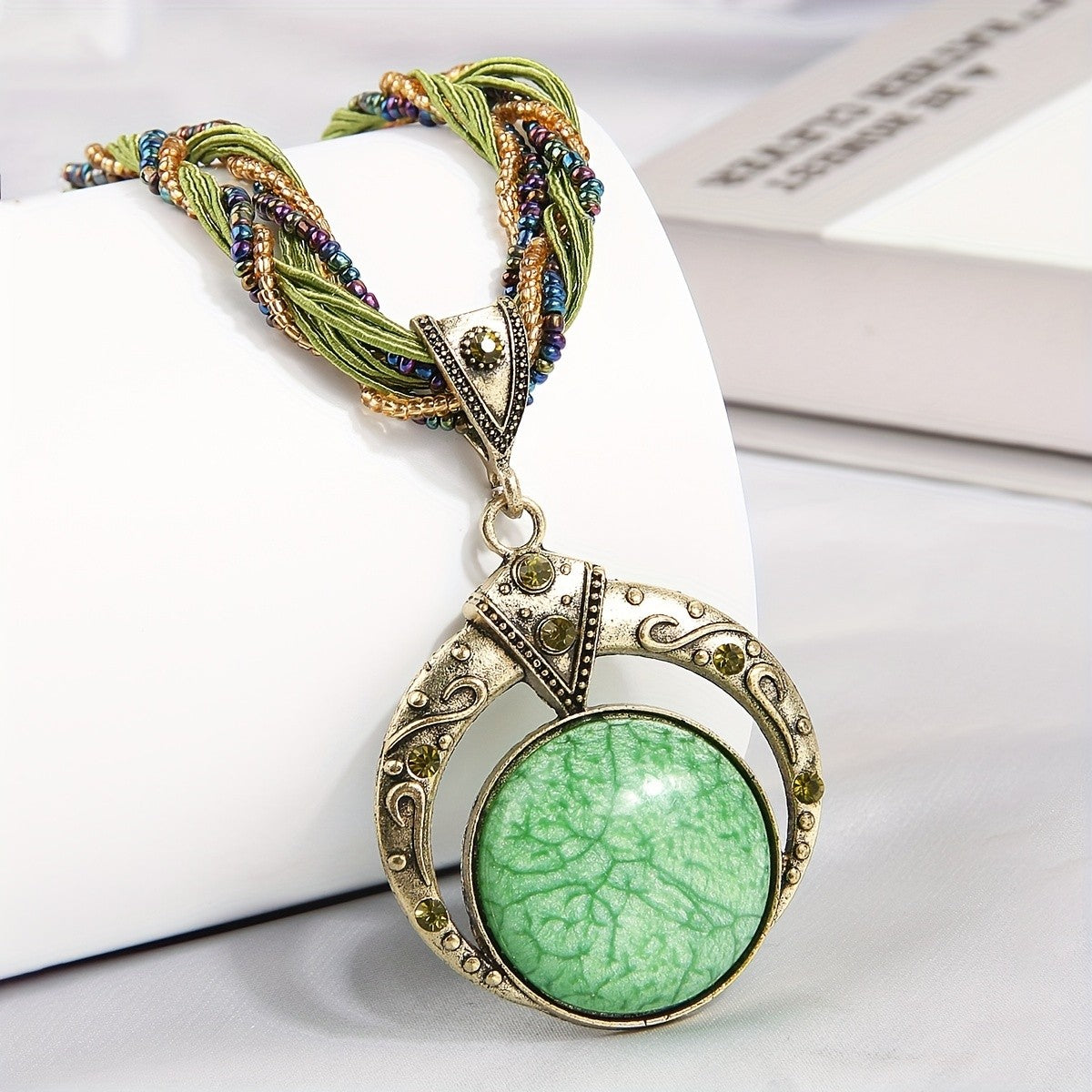 Woven Bead Crescent Pendant Necklace