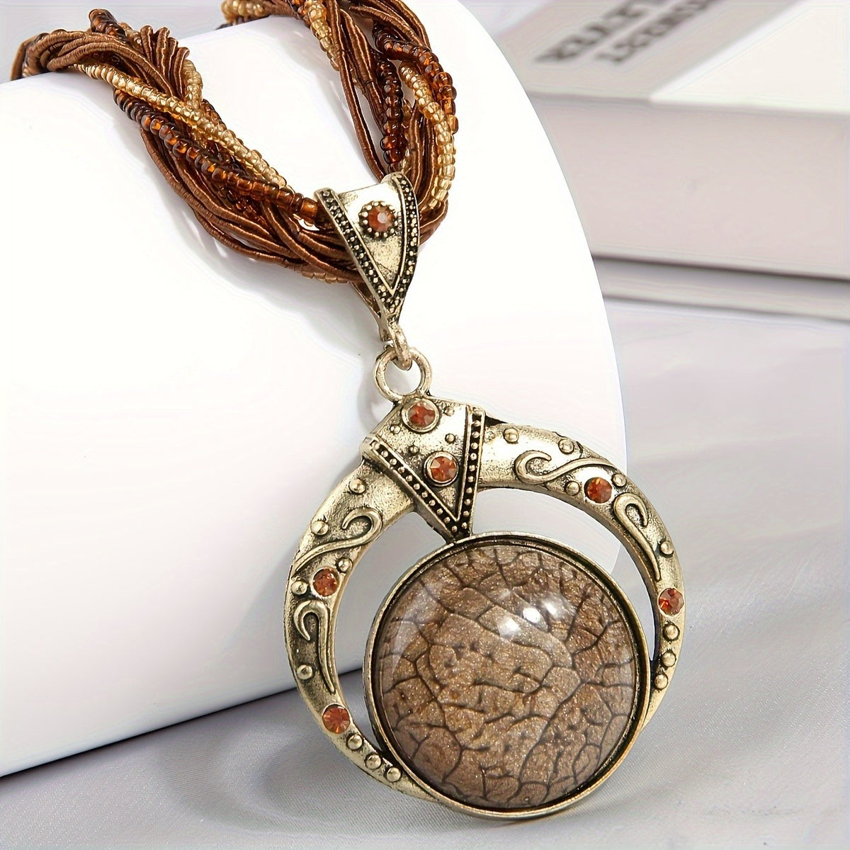 Woven Bead Crescent Pendant Necklace