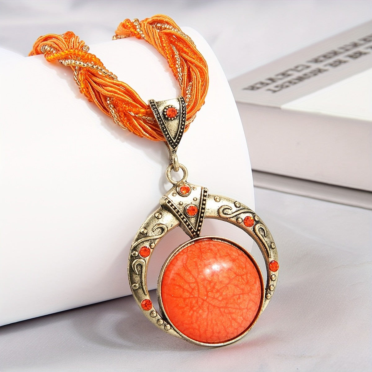 Woven Bead Crescent Pendant Necklace