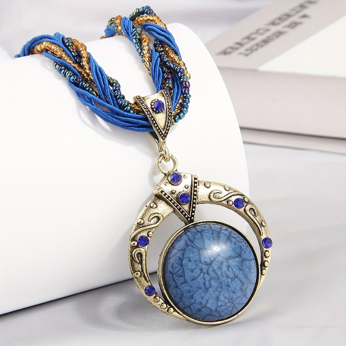 Woven Bead Crescent Pendant Necklace