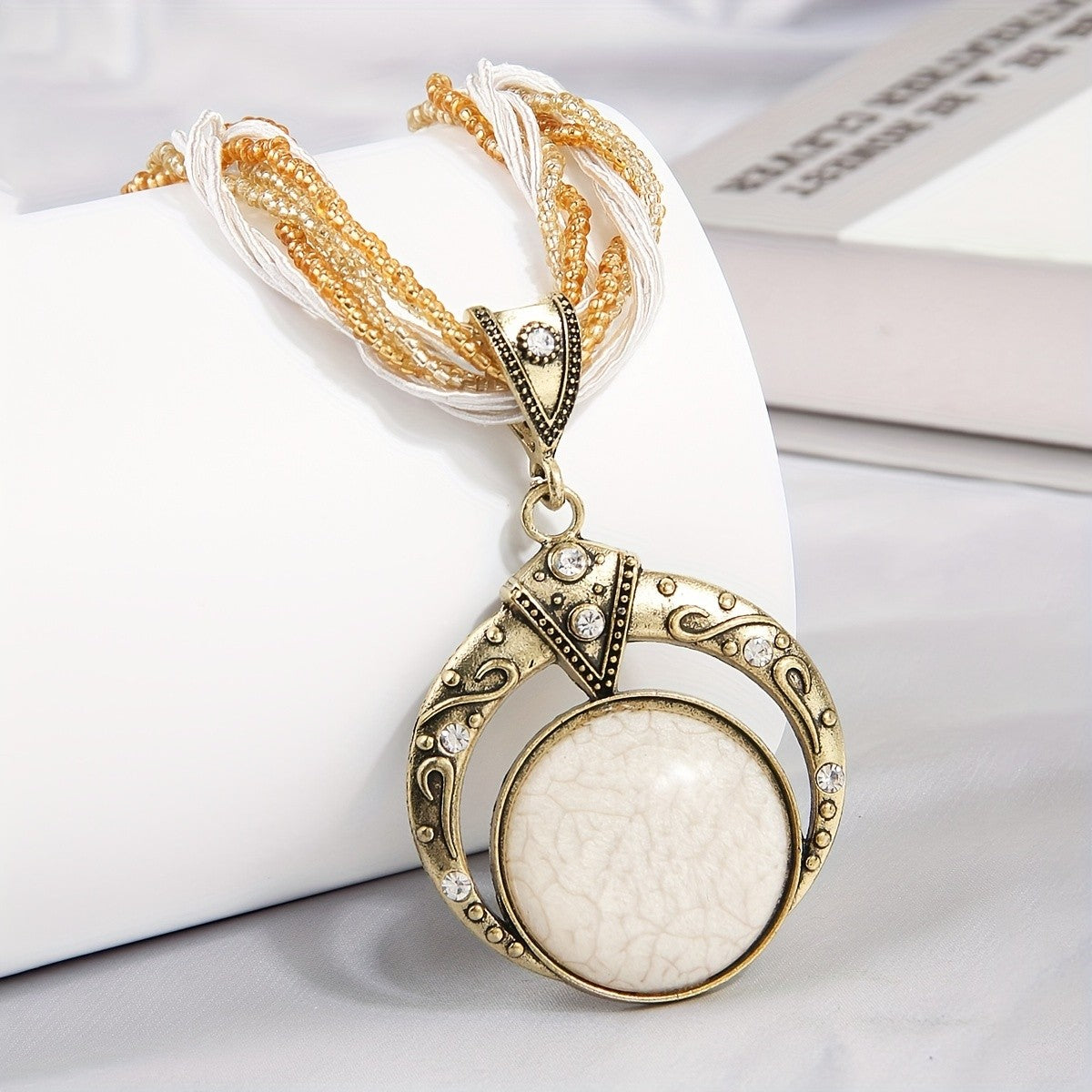 Woven Bead Crescent Pendant Necklace