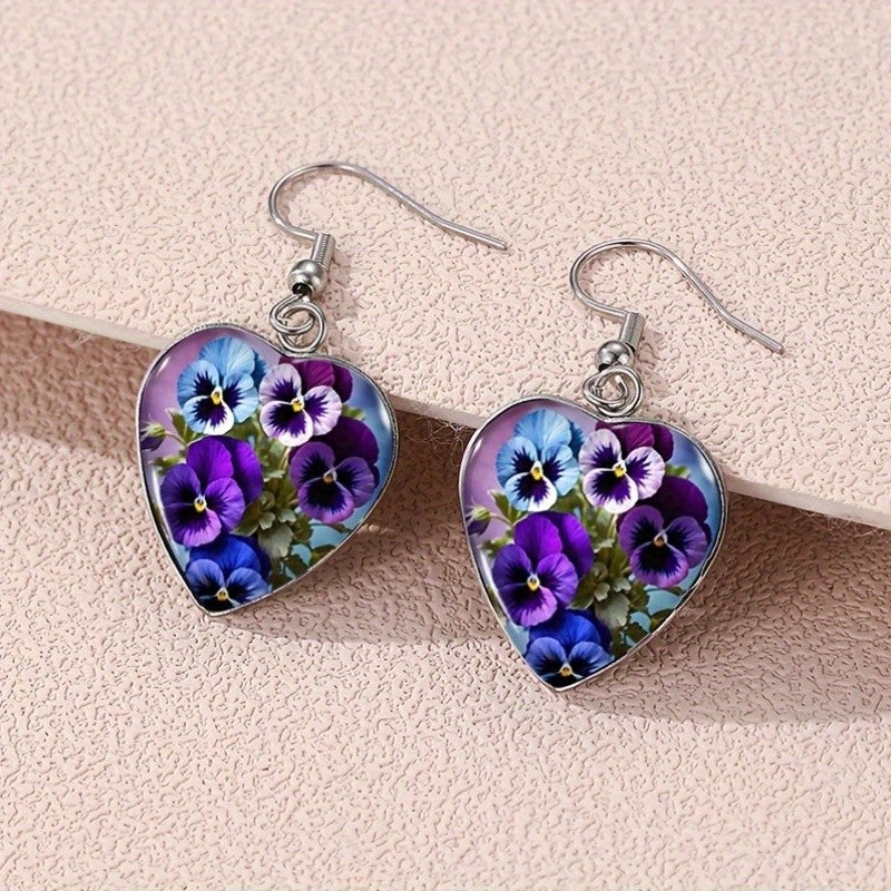 Heart Pansy Flower Earrings