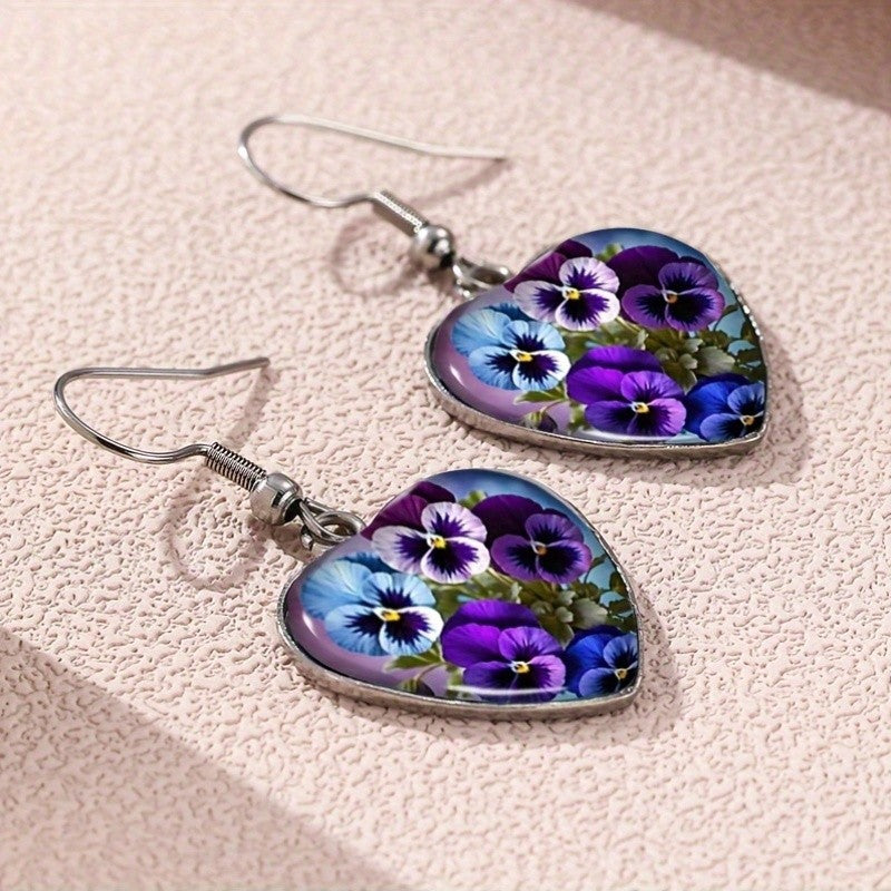 Heart Pansy Flower Earrings