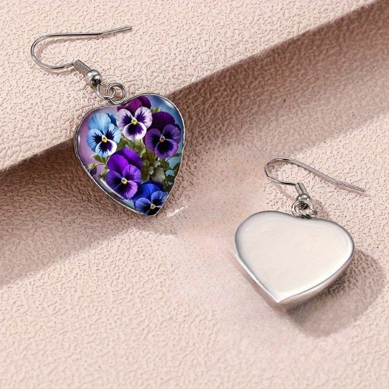 Heart Pansy Flower Earrings