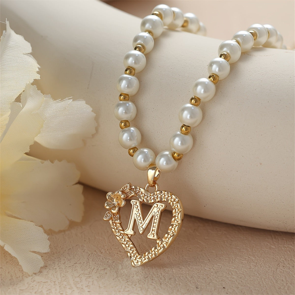 Pearl Beaded Heart Initial Necklace