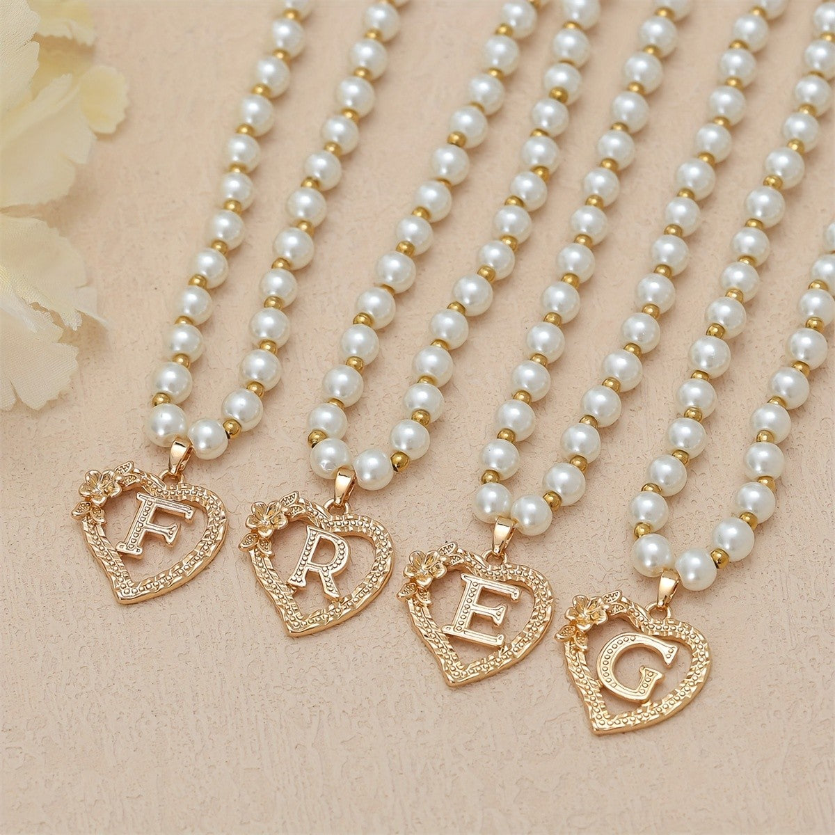 Pearl Beaded Heart Initial Necklace