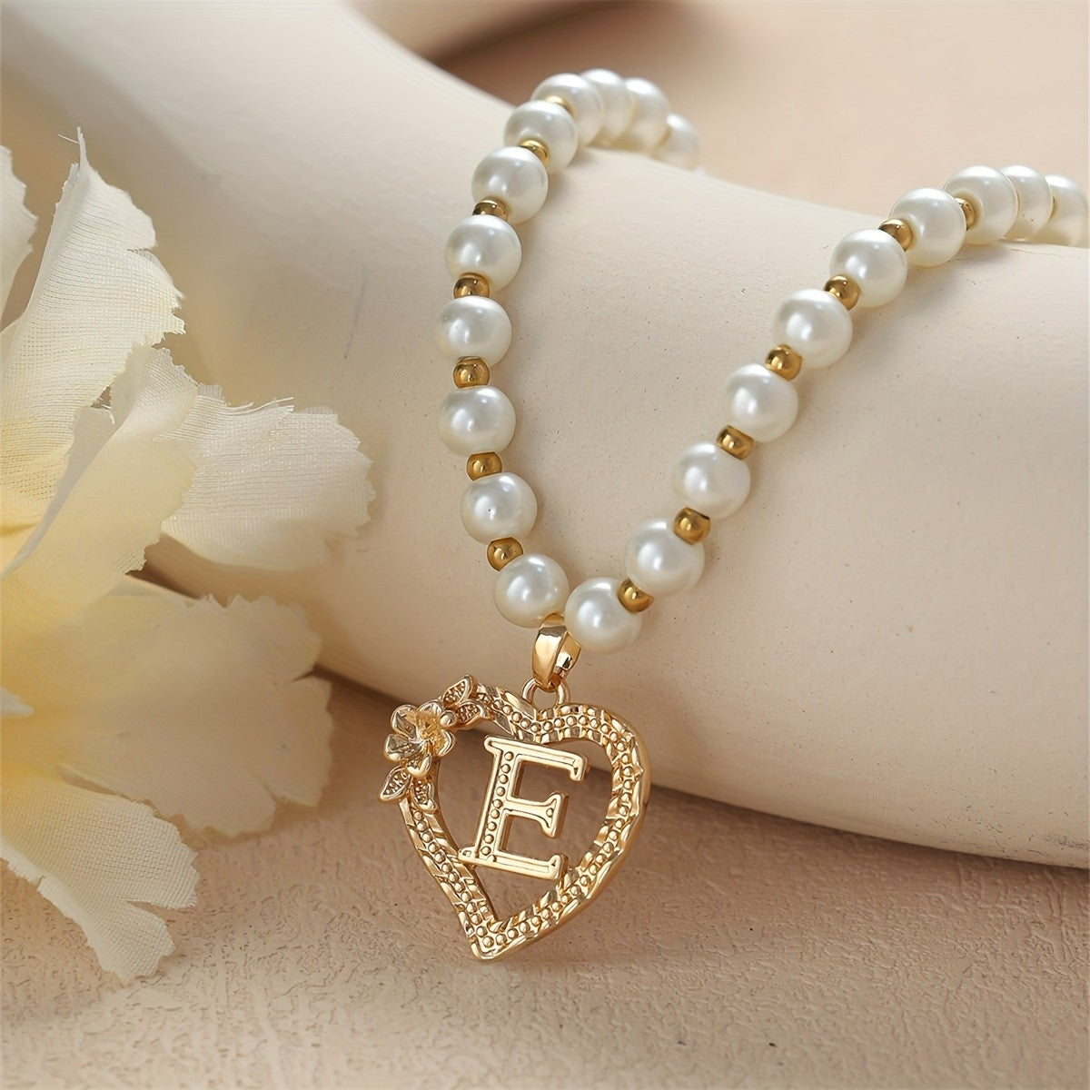 Pearl Beaded Heart Initial Necklace