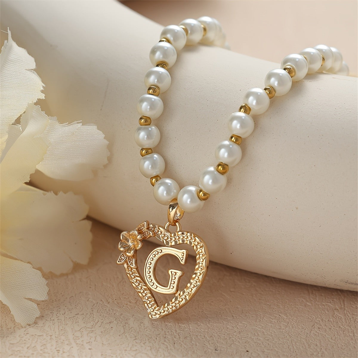 Pearl Beaded Heart Initial Necklace