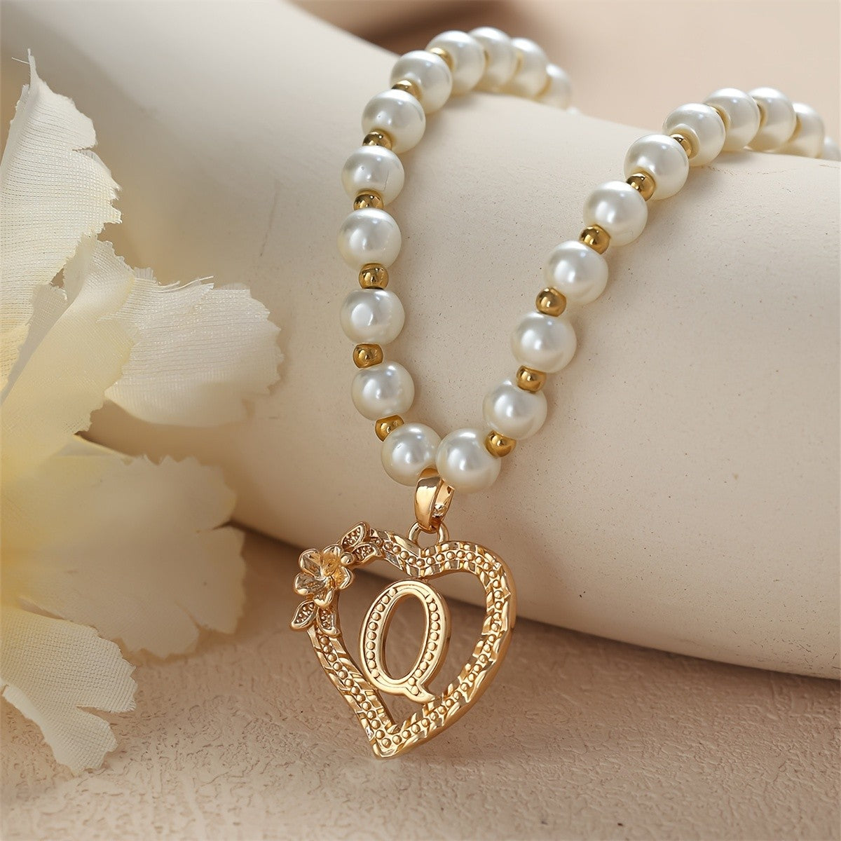 Pearl Beaded Heart Initial Necklace