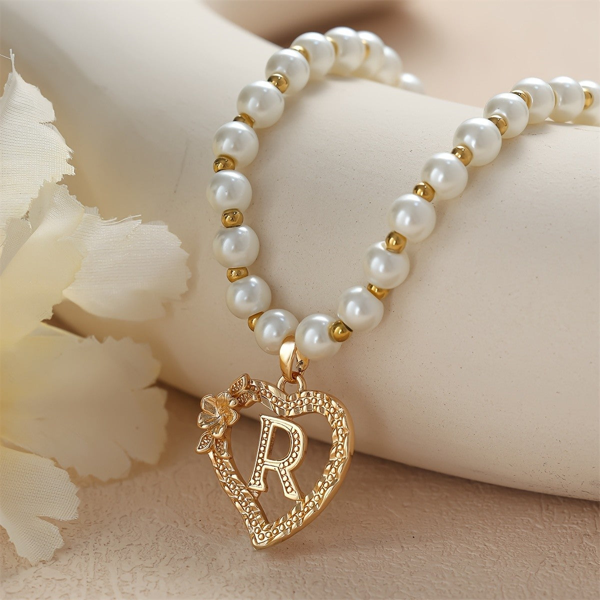 Pearl Beaded Heart Initial Necklace