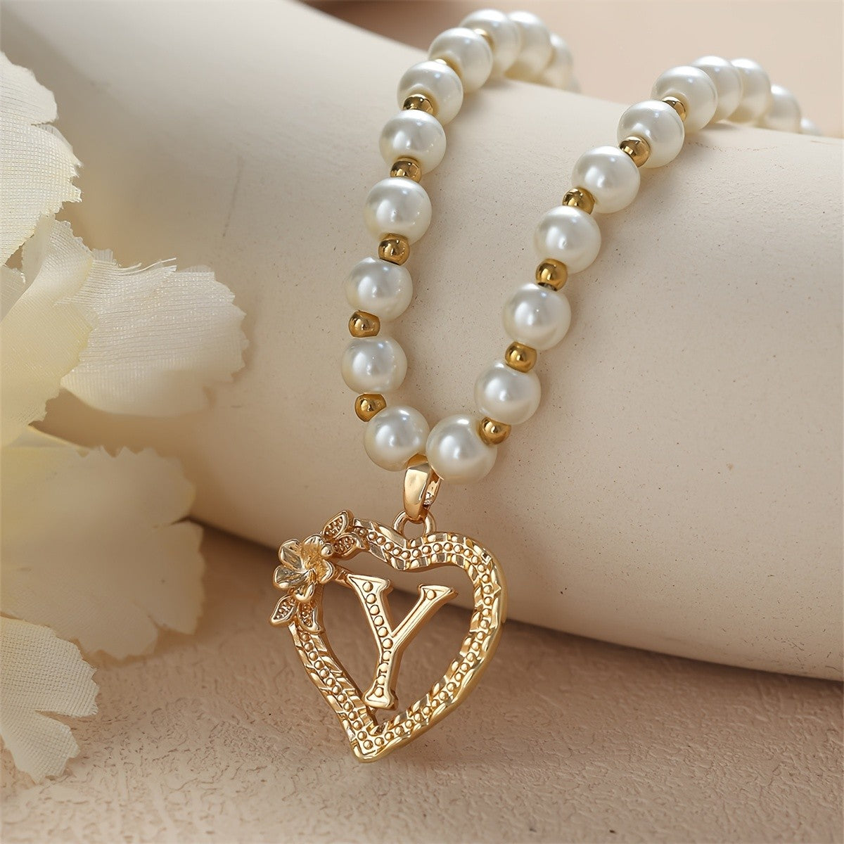 Pearl Beaded Heart Initial Necklace