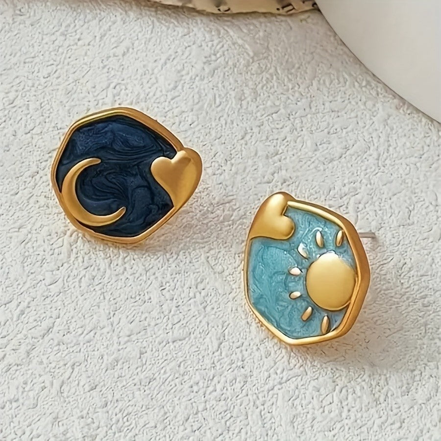 Marbled Sun & Moon Heart Earrings