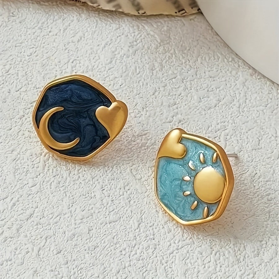 Marbled Sun & Moon Heart Earrings