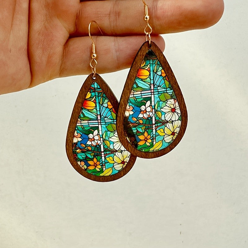 Stained Glass Floral Teardrop Earrings