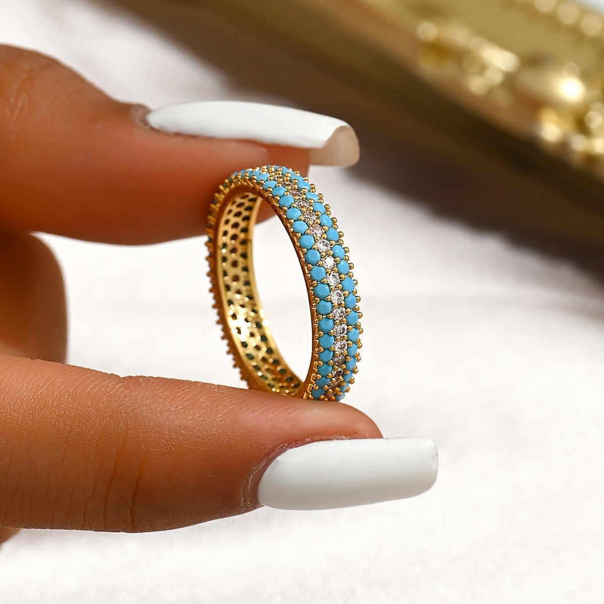 Turquoise & Crystal Pave Band Ring