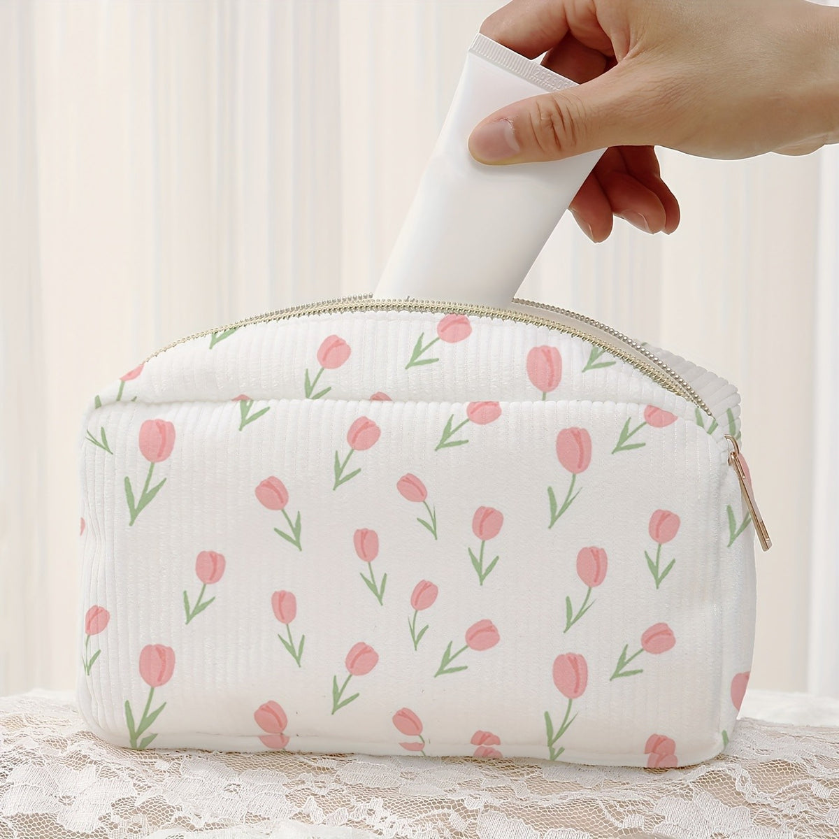 Pink Tulip Corduroy Makeup Bag
