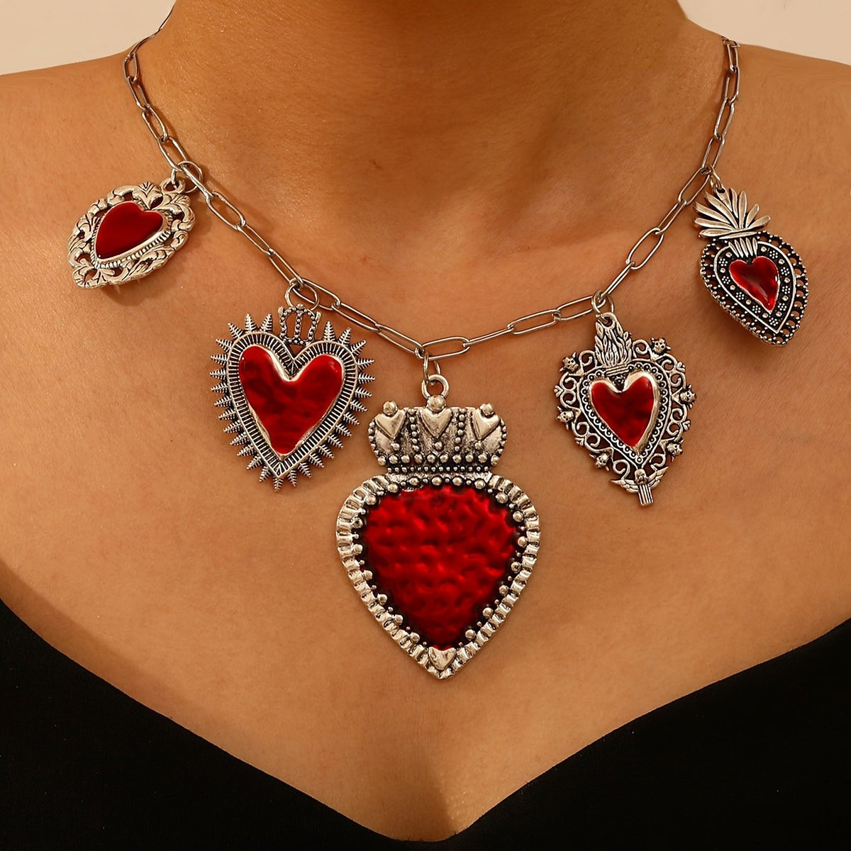 Red Heart Crown Charm Necklace