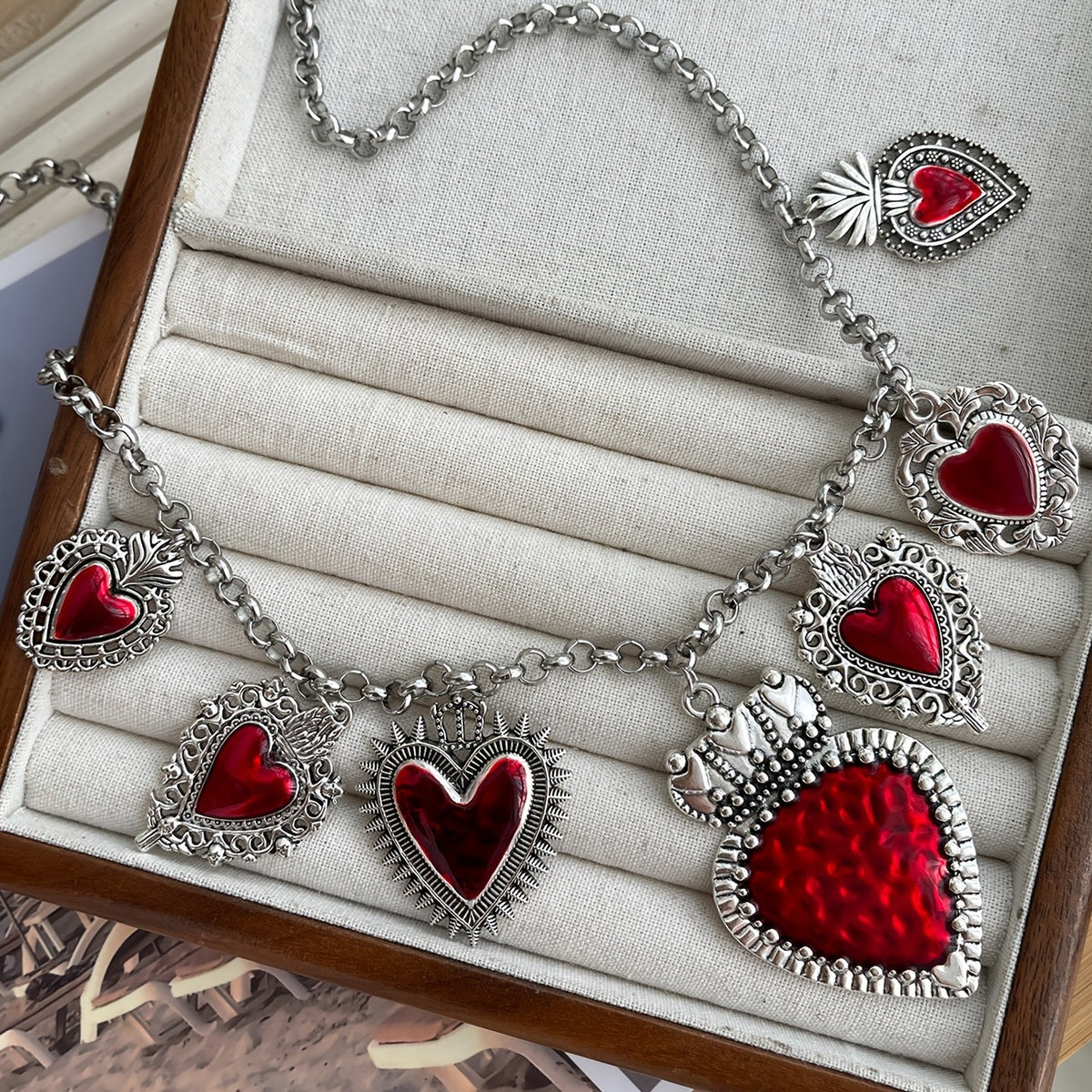 Red Heart Crown Charm Necklace