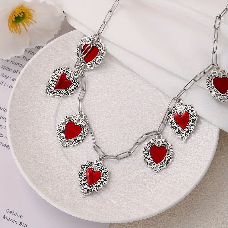 Red Heart Crown Charm Necklace