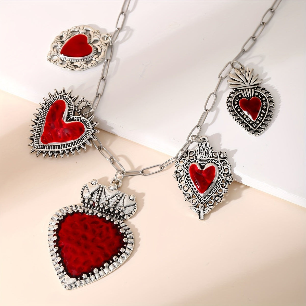 Red Heart Crown Charm Necklace