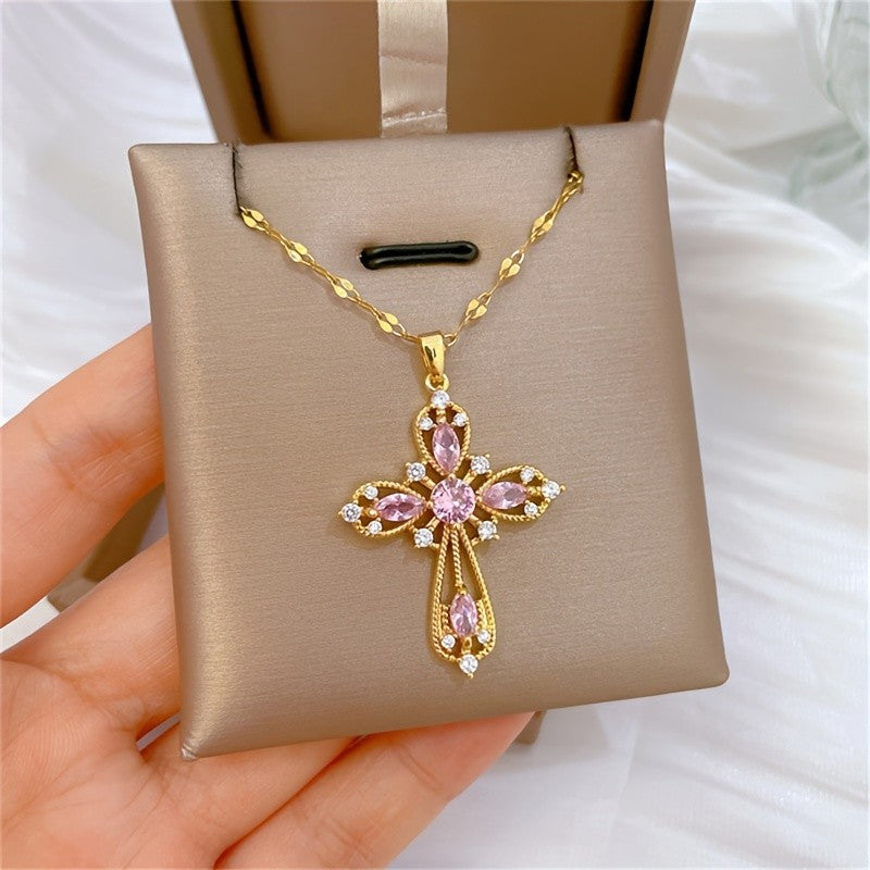 Pink Crystal Ornate Cross Necklace