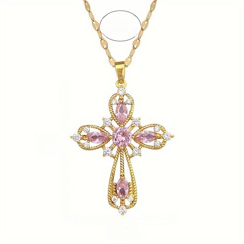 Pink Crystal Ornate Cross Necklace