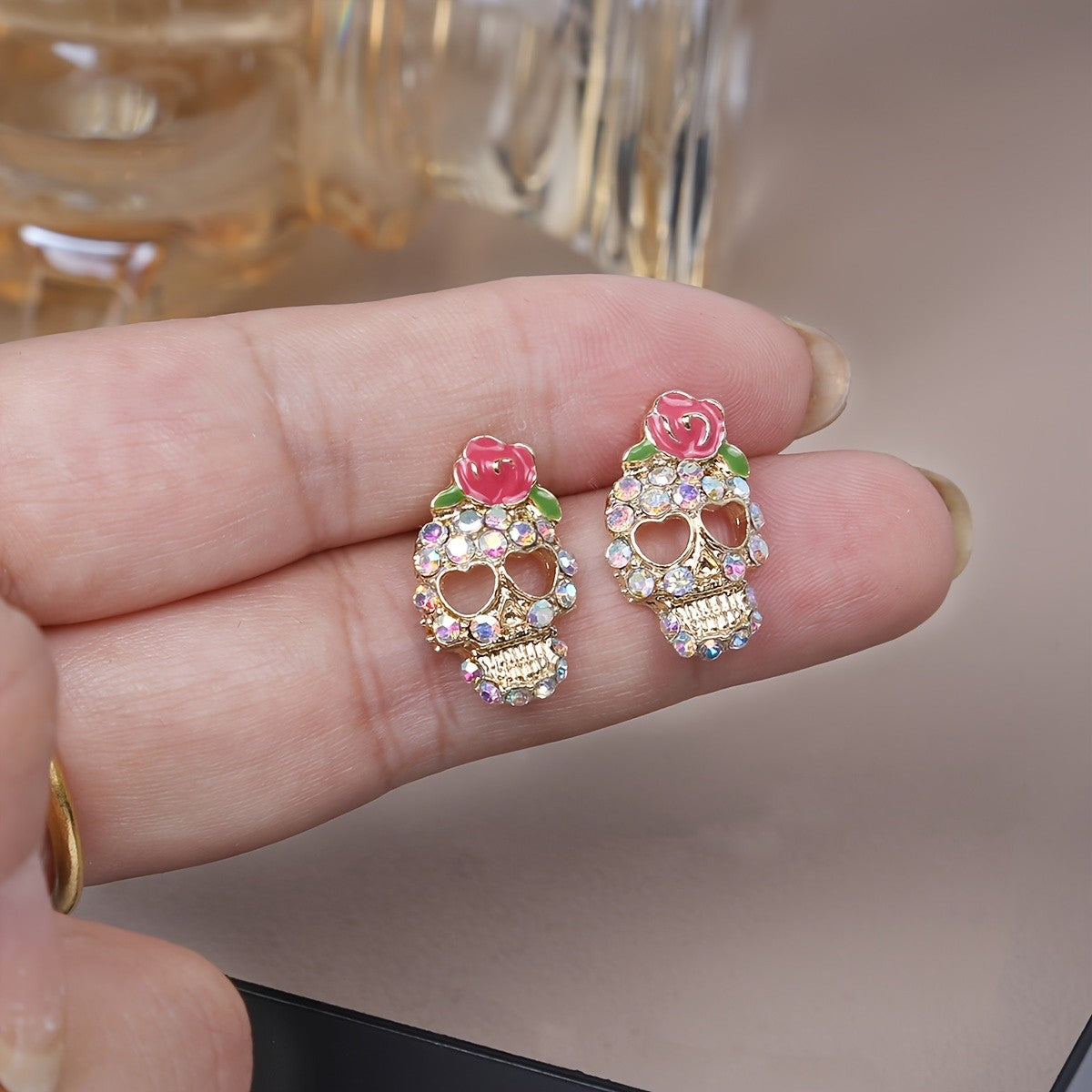 Rose Crystal Skull Earrings