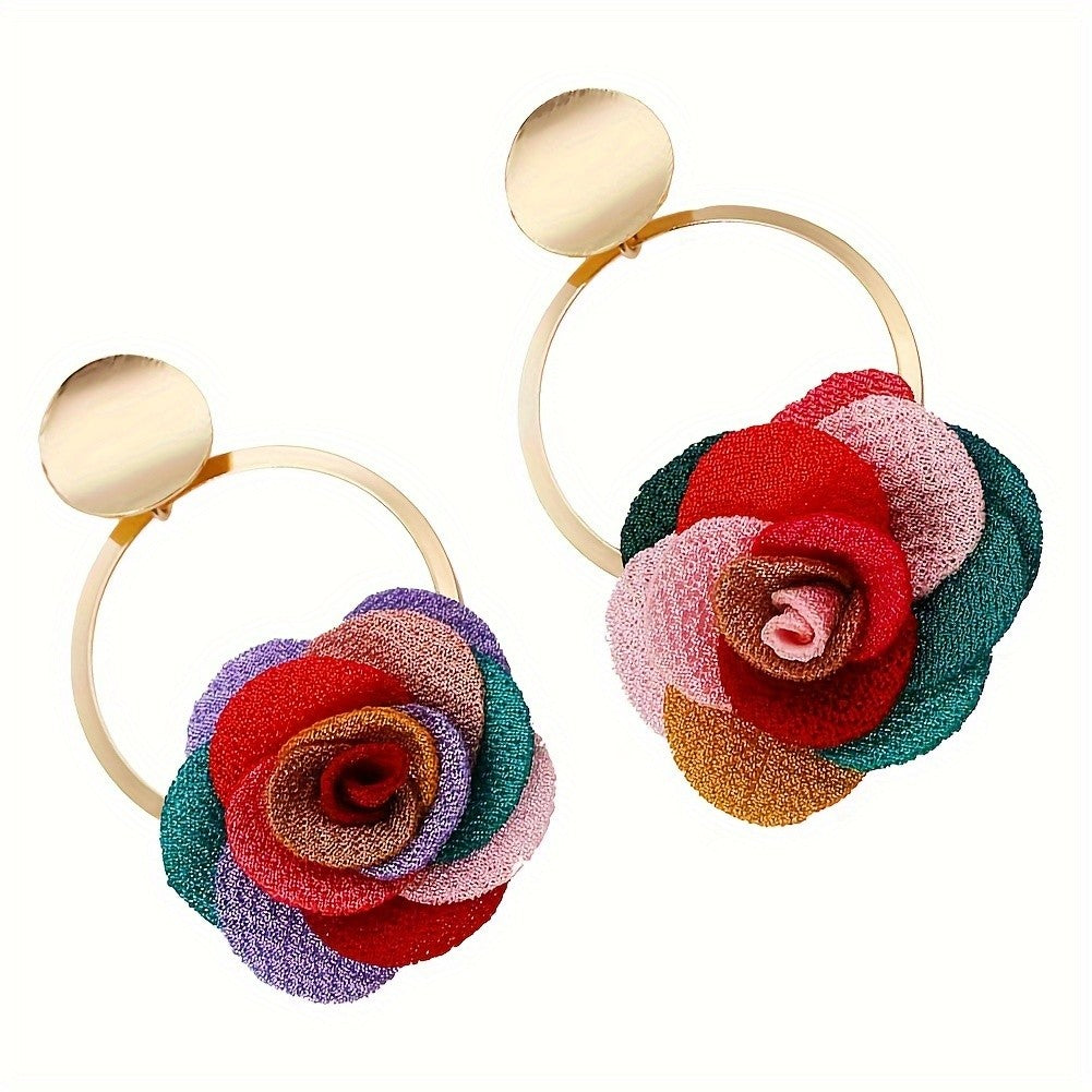 Fabric Flower Hoop Earrings