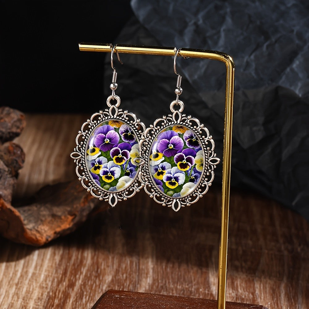 Pansy Flower Oval Earrings