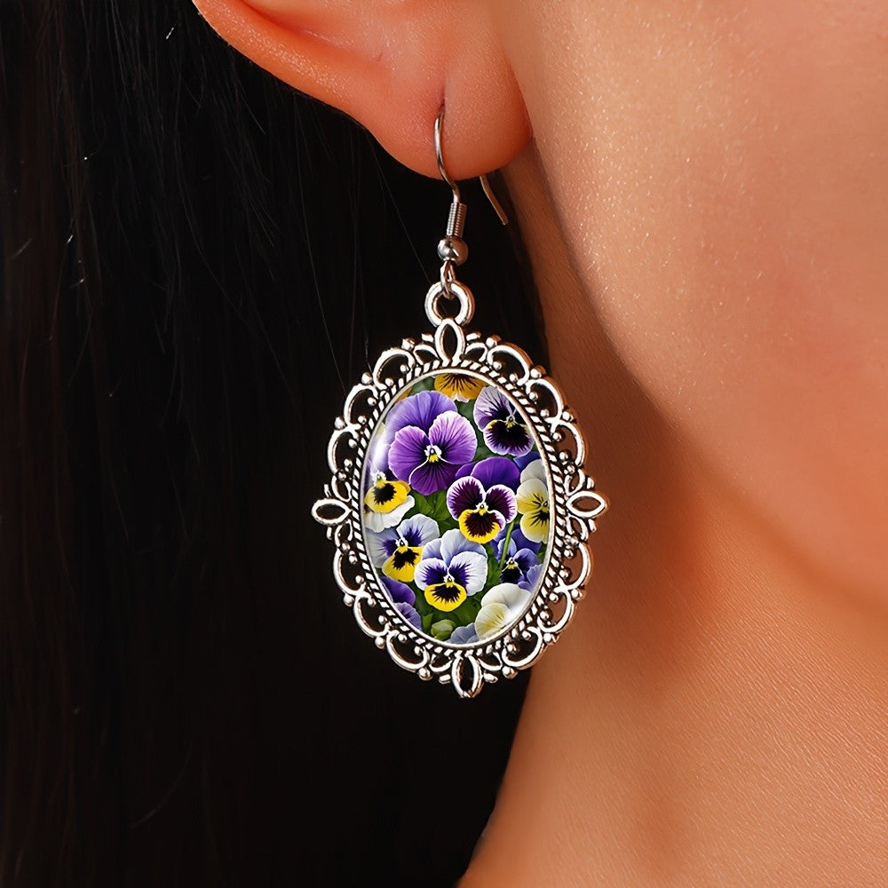 Pansy Flower Oval Earrings
