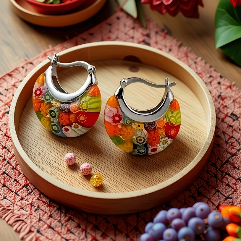 Colorful Millefiori Glass Hoop Earrings