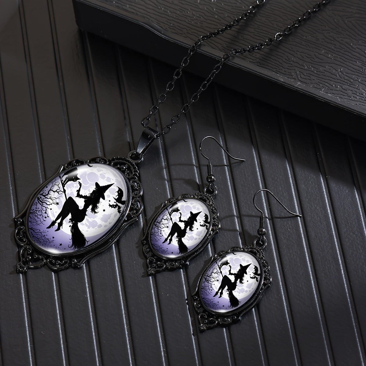 Witch Silhouette Oval Necklace & Earring Set