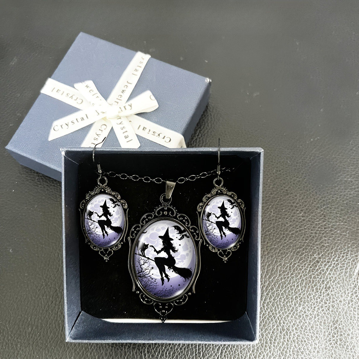 Witch Silhouette Oval Necklace & Earring Set