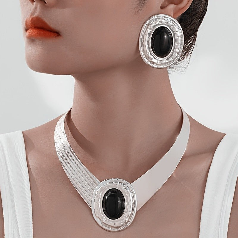 Pearl Oval Collar Necklace & Earring Set