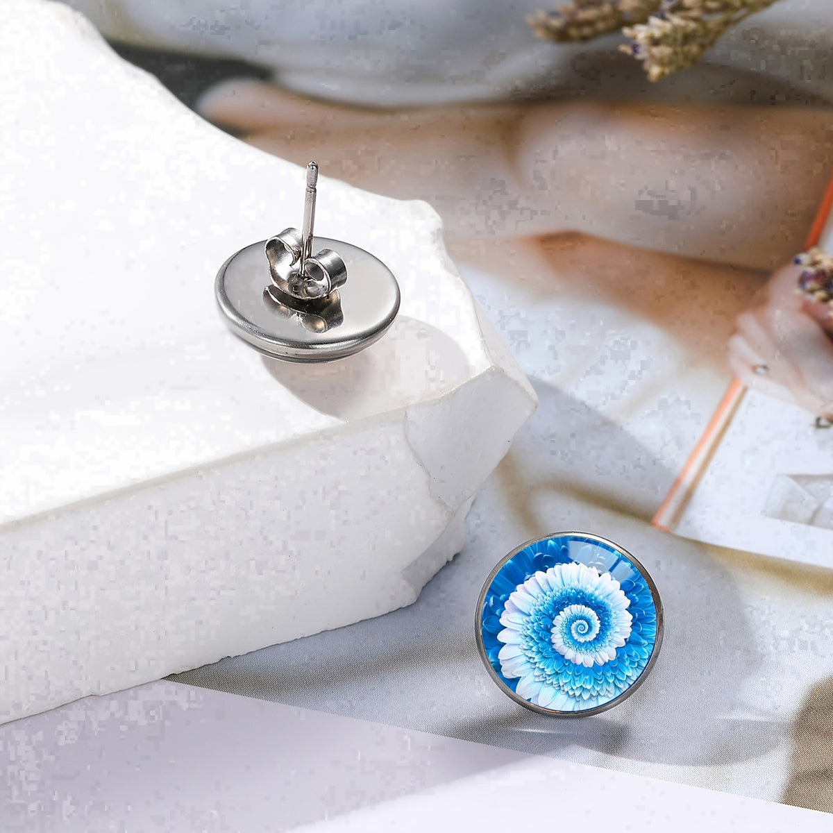 Blue Glass Flower Stud Earrings