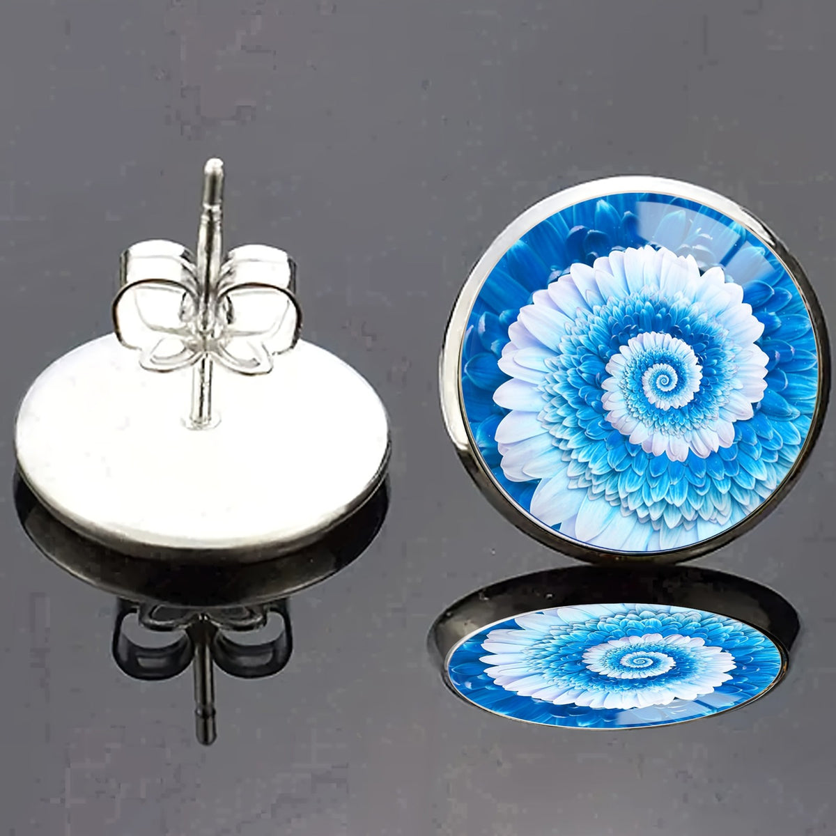 Blue Glass Flower Stud Earrings
