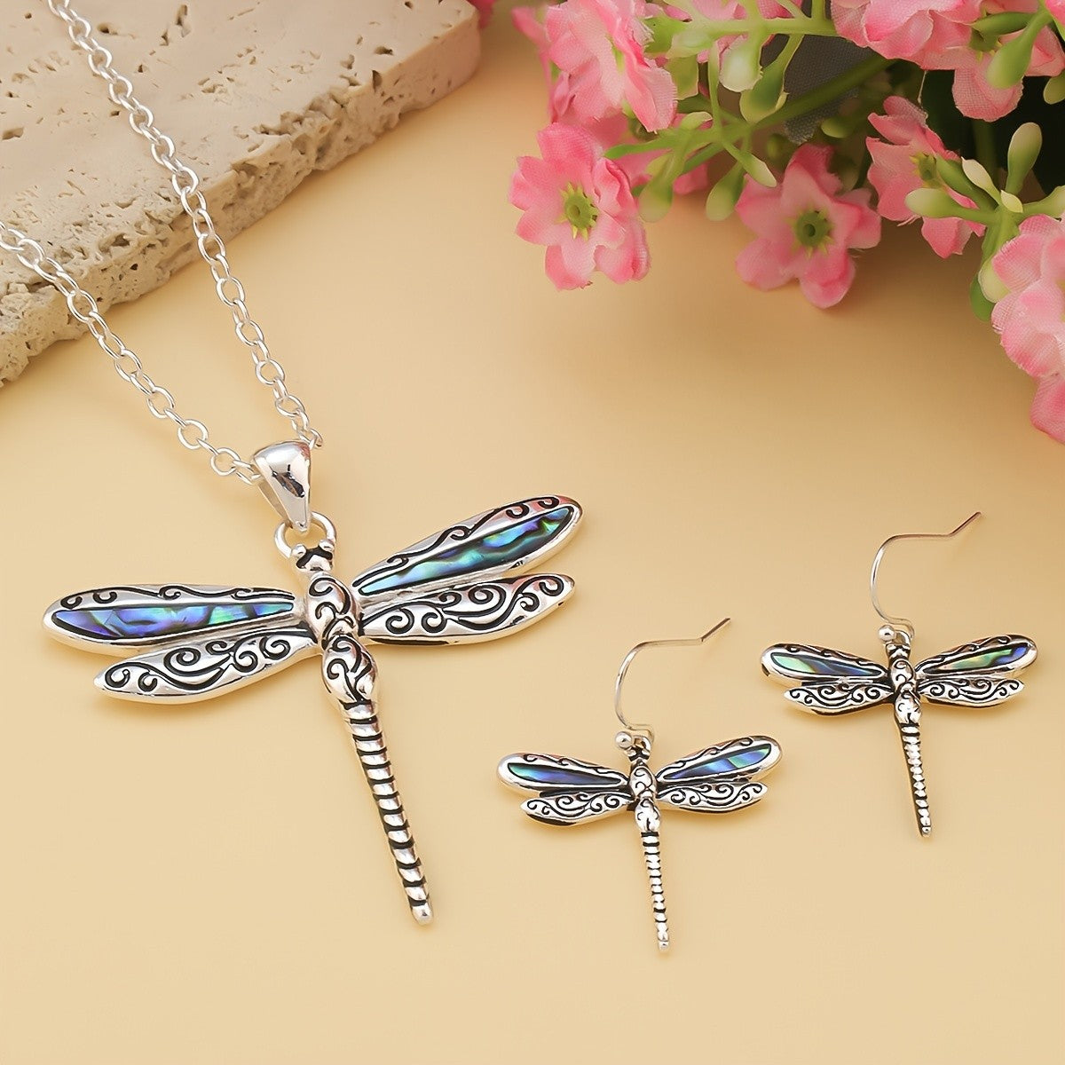 Iridescent Dragonfly Necklace & Earring Set