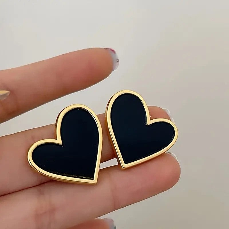 Black Heart Gold-Tone Stud Earrings