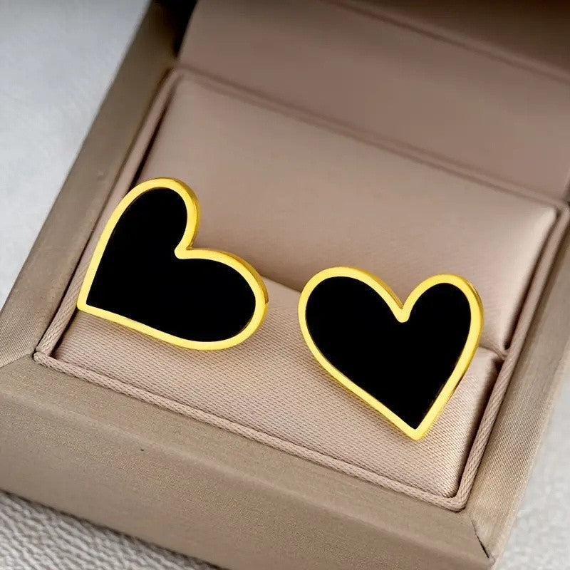 Black Heart Gold-Tone Stud Earrings