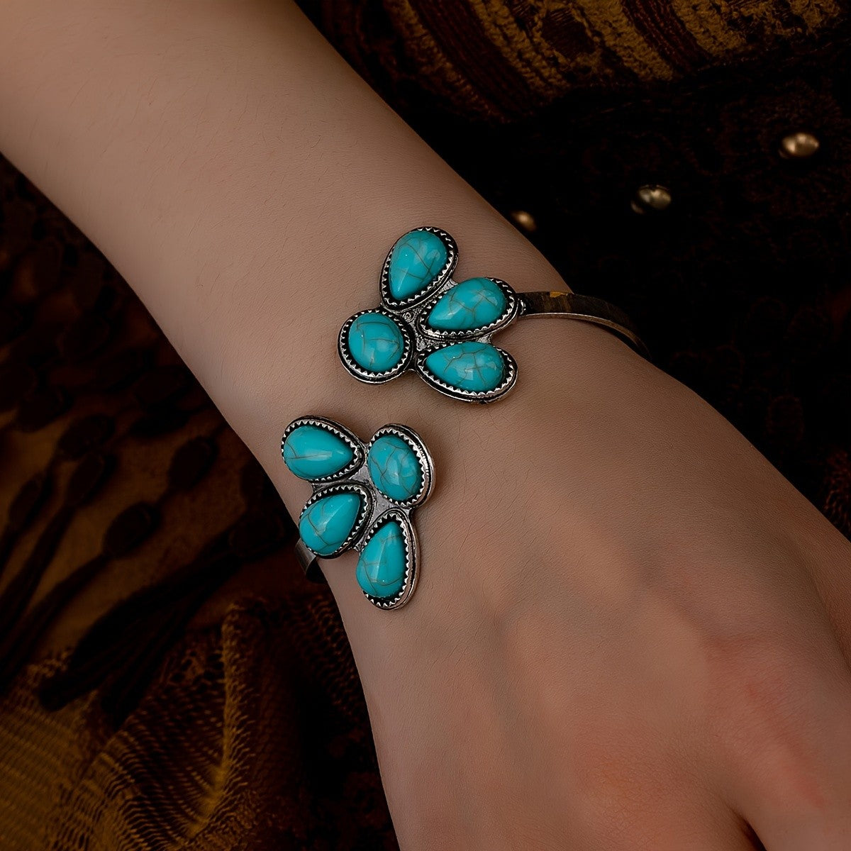 Turquoise Flower Cluster Cuff Bracelet