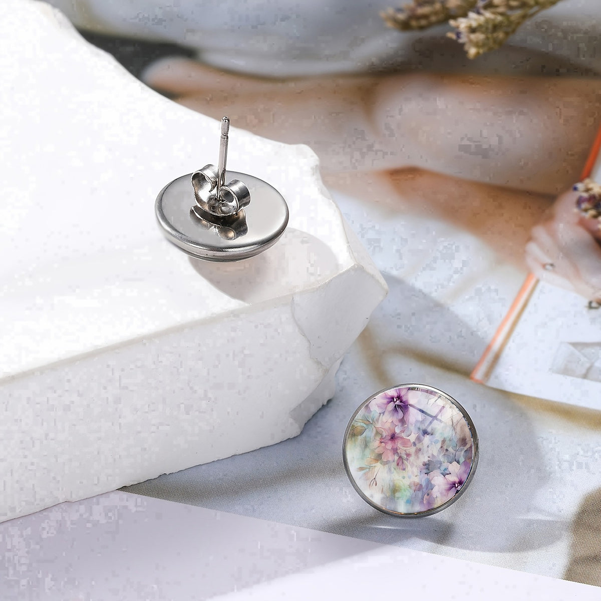 Purple Floral Glass Stud Earrings