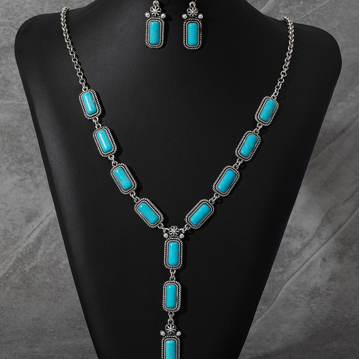 Turquoise Rectangle Y-Drop Necklace & Earring Set