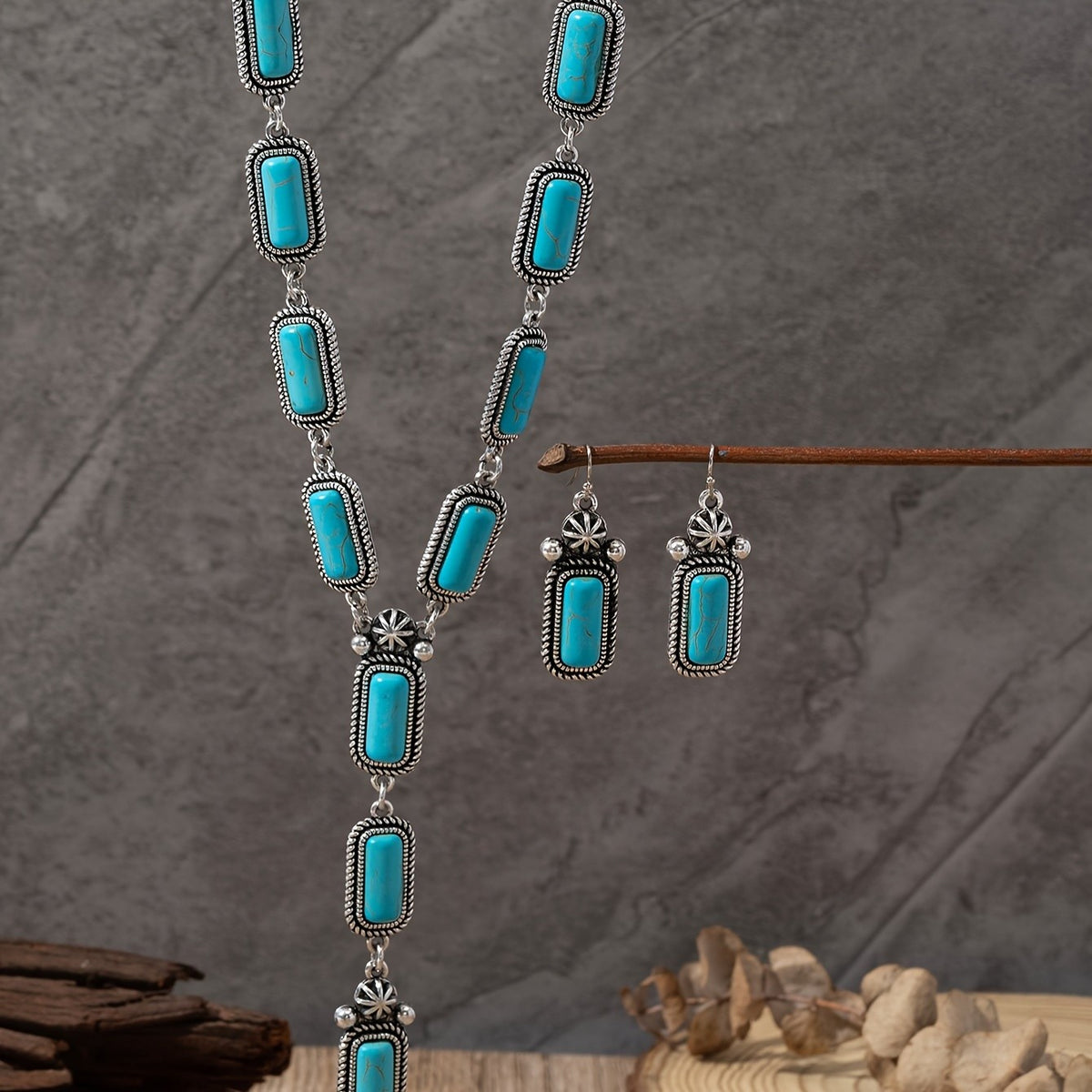 Turquoise Rectangle Y-Drop Necklace & Earring Set