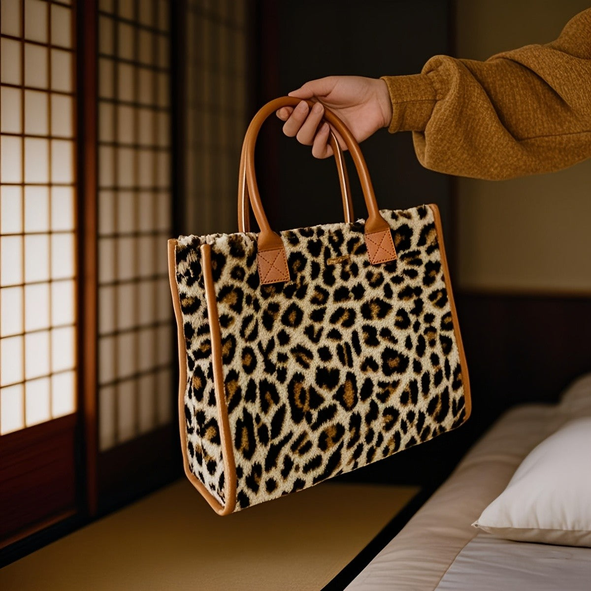 Leopard Print Velvet Tote Bag