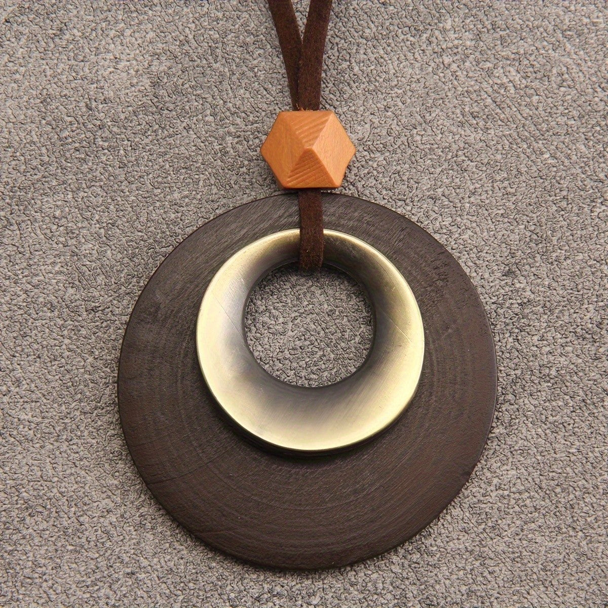 Wood Disc & Metal Hoop Pendant Necklace