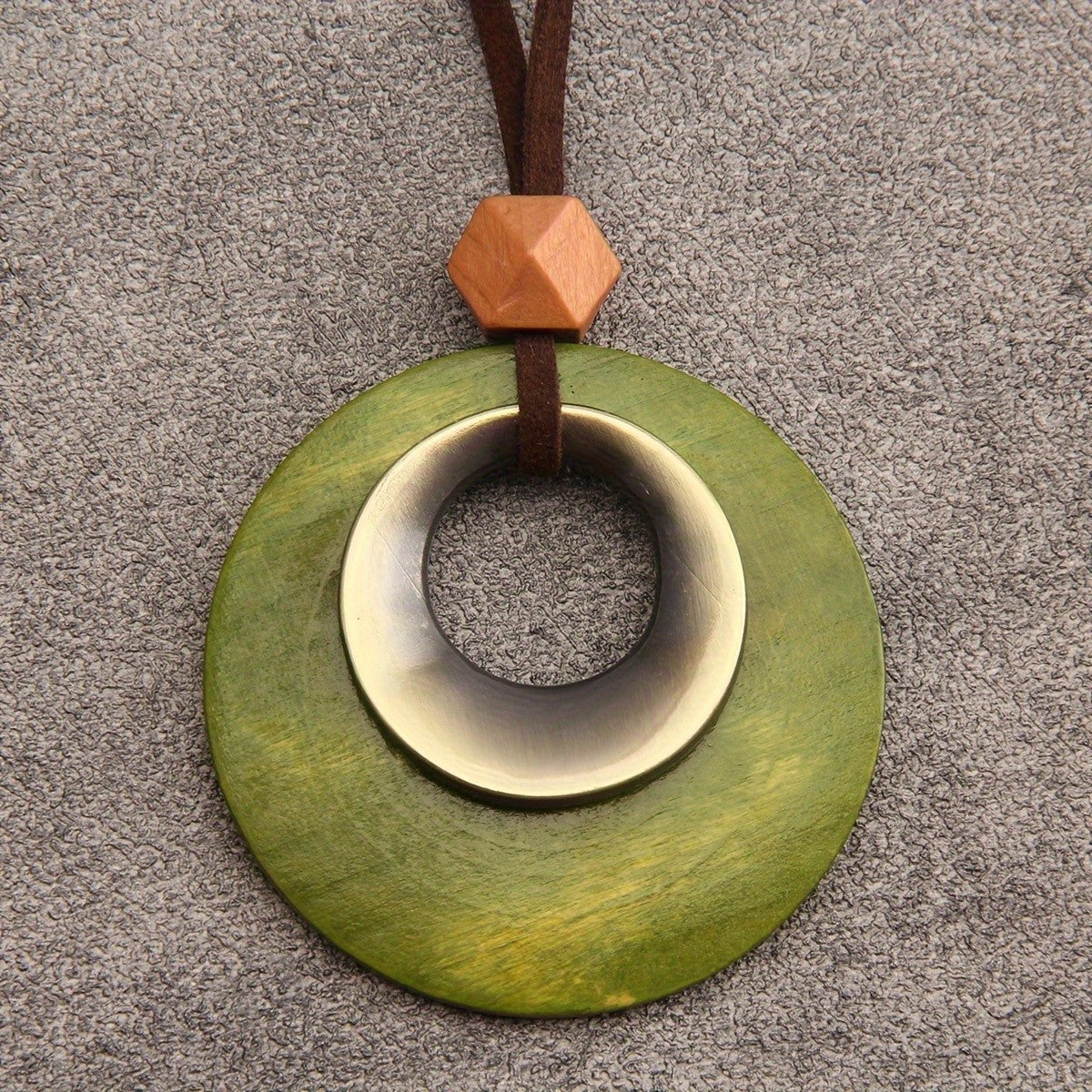 Wood Disc & Metal Hoop Pendant Necklace