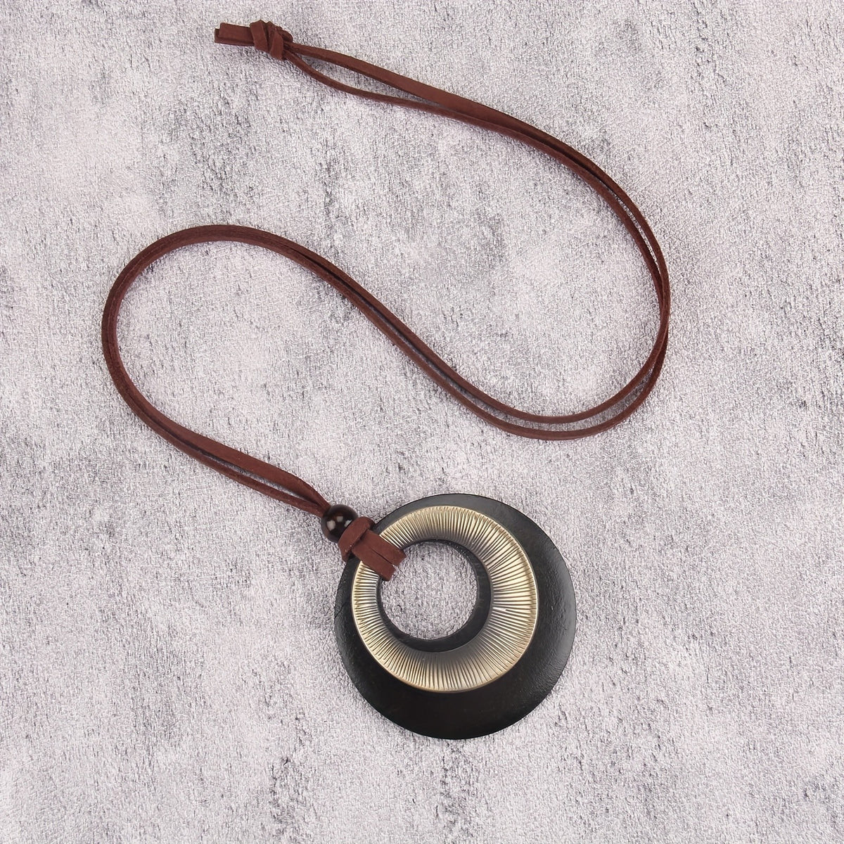 Wood Disc & Metal Hoop Pendant Necklace